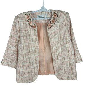 Alfred Dunner Womens Petite Tweed Beaded Open-Blazer Size 14P Floral Accents